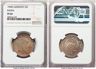 Baden. Friedrich I Proof 2 Mark 1905-G PR65 NGC, Karlsruhe mint, KM272. Tied for the finest Proof specimen of the date in the NGC census, the next fin...