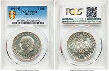 Bavaria. Ludwig III Proof 3 Mark 1914-D PR66 PCGS, Munich mint, KM1005. Delightfully mirrored, only a hint of silver tone uniformly dispersed over the...