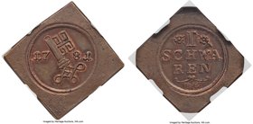 Bremen. Free City copper Klippe Pattern Schwaren 1781 MS64 Brown NGC, J-9 var. Significant red shadows the devices with traces of blue-green toning in...