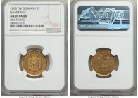Hannover. George III of England gold 5 Taler 1815-TW AU Details (Rim Filing) NGC, KM101. Stemming from a fleeting three-year series and expressing sur...