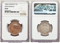 Lippe-Detmold. Leopold IV Proof 2 Mark 1906-A PR64 NGC, Berlin mint, KM270. A simply incredible coin. Obverse tone hovers between mauve and soft brown...