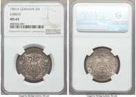 Lübeck. Free City 2 Mark 1901-A MS65 NGC, Berlin mint, KM210. A coin with an incredible depth of age and aesthetic beauty that displays full cartwheel...