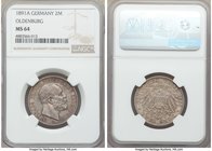 Oldenburg. Nicolaus Friedrich Peter 2 Mark 1891-A MS64 NGC, Berlin mint, KM201. The single finest business strike of the type certified across both of...