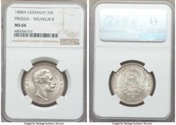 Prussia. Wilhelm II 2 Mark 1888-A MS66 NGC, Berlin mint, KM511, Jaeger-100. A supreme gem for this first year of issue, currently unsurpassed at eithe...