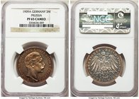 Prussia. Wilhelm II Proof 3 Mark 1909-A PR65 Cameo NGC, Berlin mint, KM527. Subtly toned in sunset color on the obverse, the reverse highly flashy. A ...