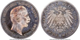 Prussia. Wilhelm II Proof 5 Mark 1904-A PR63 NGC, Berlin mint, KM523. A gorgeous choice Proof which reddens atop the king's hair while a crescent of s...