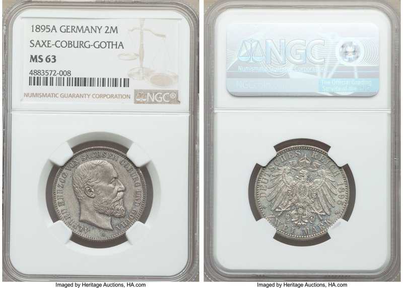 Saxe-Coburg-Gotha. Alfred 2 Mark 1895-A MS63 NGC, Berlin mint, KM158. An incredi...