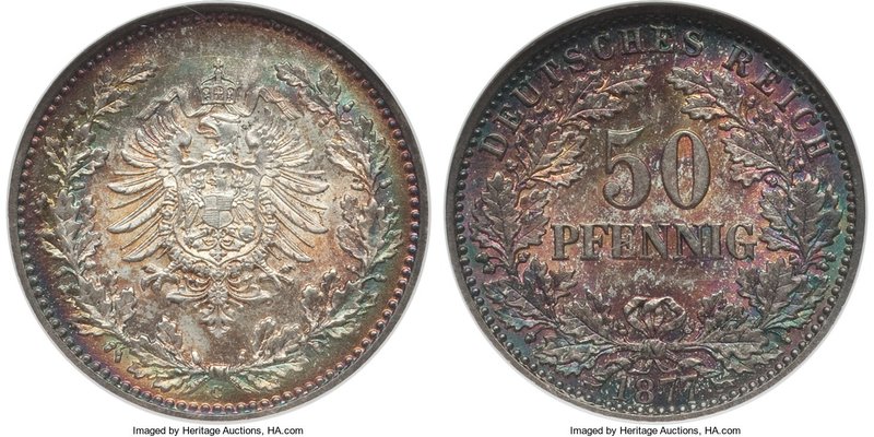 Wilhelm I 50 Pfennig 1877-C MS68 NGC, Frankfurt mint, KM8. Wonderfully toned in ...