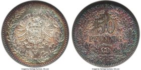 Wilhelm I 50 Pfennig 1877-C MS68 NGC, Frankfurt mint, KM8. Wonderfully toned in a halo of color, and a nearly perfect representative of the issue.

...