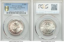 Third Reich "Luther" 5 Mark 1933-F MS66 PCGS, Stuttgart mint, KM80. Issued to celebrate the 450th anniversary of the birth of Martin Luther. 

HID09...