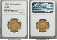 George III gold Guinea 1793 AU58 NGC, KM609, S-3729. A relatively handsome spade guinea with luster intensifying as it moves outwards from the center,...