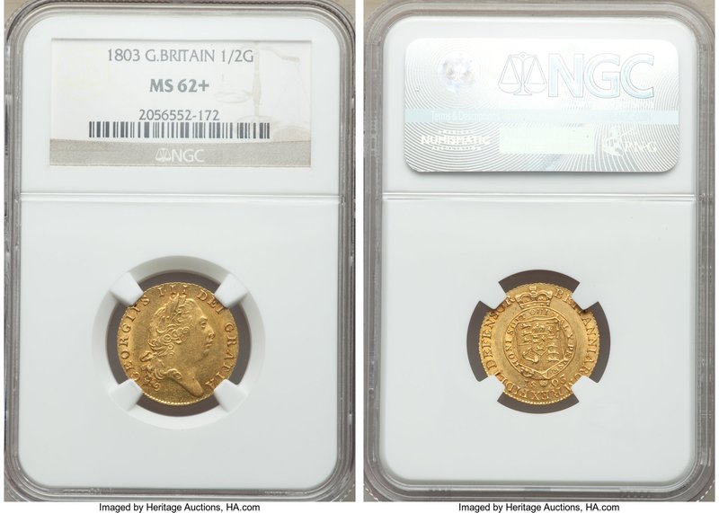 George III gold 1/2 Guinea 1803 MS62+ NGC, KM649, S-3736. Substantially attracti...