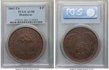 Republic Provisional 8 Pesos 1862 T-A AU58 PCGS, Tegucigalpa mint, KM27. A fully engaging representative aided by an exacting strike and alluring play...