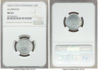 Republic aluminum Essai 1/4 Real 1872-A MS65 NGC, Paris mint, KM-E1. Tied as the penultimate specimen of this fleeting essai type, with lightly radian...