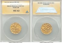 Mughal Empire. Aurangzeb Alamgir gold Mohur AH 1106 Year 38 (1694/5) MS62 ANACS, Kanbayat mint, KM315.17, cf. Hull-1692 (mint at top), cf. Whitehead-1...