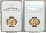British India. George V gold Sovereign 1918-I MS65 NGC, Mumbai mint, KM-A525, S-3998. Presently tied for the finest of this one-year type across NGC a...