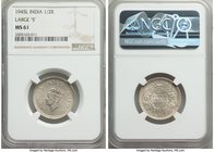 British India. George VI 1/2 Rupee 1945-L MS61 NGC, Lahore mint, KM552. Large 5 variety. Brilliant cartwheel luster with fully satin fields and hardly...