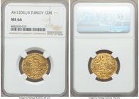 Ottoman Empire. Selim III gold Zeri Mahbub AH 1203 Year 3 (AD 1790/1) MS66 NGC, Islambul mint (In Turkey), KM517. Exceptionally rare in this state of ...