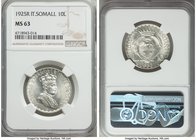 Italian Colony. Vittorio Emanuele III 10 Lire 1925-R MS63 NGC, Rome mint, KM8. Brilliantly flashy and icy white, the present example exists tied for t...