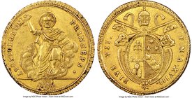 Papal States. Pius VII gold Doppia Anno XVIII (1817)-R AU55 NGC, Rome mint, KM1076, Fr-248. An evenly worn yet appealing specimen, faintly glimmering ...