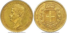 Sardinia. Carlo Alberto gold 100 Lire 1834 (Eagle)-P AU55 NGC, Turin mint, KM133.1, Fr-1138. Bold portrait with deep antique gold color. AGW 0.9331 oz...