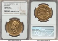 Sardinia. Carlo Alberto gold 100 Lire 1834 (Eagle)-P AU Details (Obverse Repaired) NGC, Turin mint, KM133.1, Fr-1138. From the Allen Moretti Swiss Col...