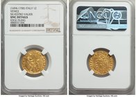Venice. Silvestro Valier gold Zecchino ND (1694-1700) UNC Details (Edge Filing) NGC, KM436, CNI-VIIIb.104var (pellet placement). SILV • VALERIO | S | ...