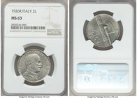 Vittorio Emanuele III 2 Lire 1926-R MS63 NGC, Rome mint, KM63. The single finest of this already conditionally rare type, presented here with an almos...