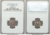 British Colony Counterstamped 10 Pence ND (1758) VF25 NGC, KM3, Prid-7. Displaying floriate GR counterstamp on both the obverse and reverse of a Peruv...