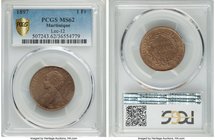 French Colony Franc 1897 MS62 PCGS, KM41, Lec-12. Toned in delicate streaks of bronze color, underlying luster evident. A scarce and highly prized typ...