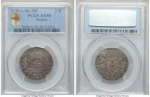 Philip V 2 Reales 1735/4/3 Mo-MF AU50 PCGS, Mexico City mint, KM84. A bold selection revealing ample detail under an attractively soft and silty tone....