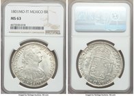 Charles IV 8 Reales 1801 Mo-FT MS63 NGC, Mexico City mint, KM109. Undeniably choice and radiant, bold satin-white texture preserved throughout, and co...