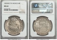 Charles IV 8 Reales 1804 Mo-TH MS64 NGC, Mexico City mint, KM109. Presently tied for the finest of the date in the NGC census--no examples achieving g...