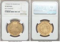 Charles IV gold 4 Escudos 1799 Mo-FM VF Details (Reverse Damage) NGC, Mexico City mint, KM144.

HID09801242017