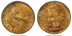 Republic gold 1/2 Escudo 1856/4 Mo-GF MS64 PCGS, Mexico City mint, KM378.5. Lustrous, with somewhat rounded design elements and a very clear overdate....