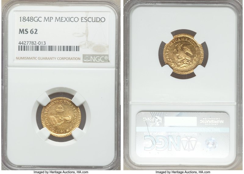 Republic gold Escudo 1848 GC-MP MS62 NGC, Guadalupe y Calvo mint, KM379.3. Of la...