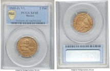 Republic gold 2 Escudos 1860 Zs-VL XF45 PCGS, Mexico City mint, KM380.8. A very scarce type and date with comparatively minimal weakness in the center...