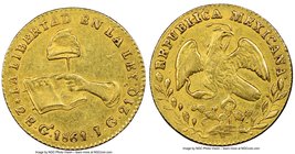 Republic gold 2 Escudos 1861/59 Ga-JG AU58 NGC, Guadalajara mint, KM380.3. A scarce overdate with comparatively strong detail in the hand. 

HID0980...