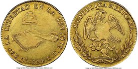 Republic gold 8 Escudos 1864 Do-LT XF45 NGC, Durango mint, KM383.3. Showcasing nicer central details than are usually seen on the type in general and ...