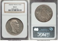 Maximilian Peso 1866-Mo MS61 NGC, Mexico City mint, KM388.1. Exhibiting a blazing mint flash to the fields with a lightly amber tone developing from t...