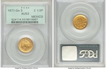 Republic gold 2-1/2 Pesos 1871 Go-S AU53 PCGS, Guanajuato mint, KM411.3. Mintage: 600. Rare and very well struck with considerable remaining backlight...