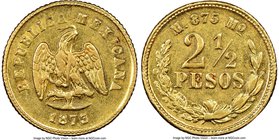 Republic gold 2-1/2 Pesos 1873/2 Mo-M AU55 NGC, Mexico City mint, KM411.5. Bright and glassy with only contained bagmarks to bound assigned grade.

...