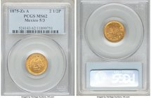 Republic gold 2-1/2 Pesos 1875/3 Zs-A MS62 PCGS, Zacatecas mint, KM411.6. A clear and seldom-seen overdate that likely stems from a very small mintage...