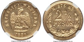 Republic gold 2-1/2 Pesos 1880/79 Mo-M MS63 NGC, Mexico City mint, KM411.5. Fully struck and reflective in the fields, with evenly spaced, soft marks ...