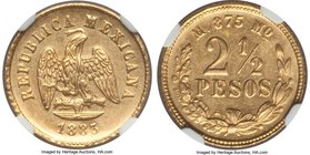 Republic gold 2-1/2 Pesos 1883/73 Mo-M MS63 NGC, Mexico City mint, KM411.5. Mintage: 400. A very low-mintage overdate within the series, this exceptio...
