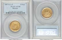 Republic gold 5 Pesos 1873 Cn-P AU58 PCGS, Culiacan mint, KM412.2. Very attractive for the grade and perhaps on the cusp of a higher designation, soft...