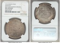 Durango. Revolutionary "Muera Huerta" Peso 1914 UNC Details (Edge Repair) NGC, Durango mint, KM622. Dot-and-Dash obverse border. A highly historical e...