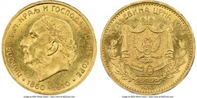 Nicholas I gold 10 Perpera 1910 MS63 NGC, KM9. Laureate head variety. Only a one-year type, which seldom enters into the choice level.

HID098012420...