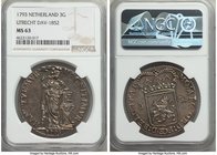 Utrecht. Provincial 3 Gulden 1793 MS63 NGC, KM117, Dav-1852. Marbled with a rich infusion of iridescent aquamarine and peach hues over pewter surfaces...