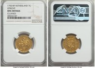 Utrecht. Provincial gold 7 Gulden 1750/49 UNC Details (Cleaned) NGC, KM103. A scarce overdate positively brimming with die polish, this being only the...